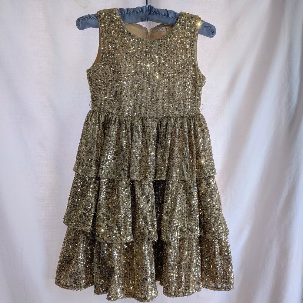 Tahari Girl Gold Sequin Tiered Party Dress Size 10 - Picture 5 of 5